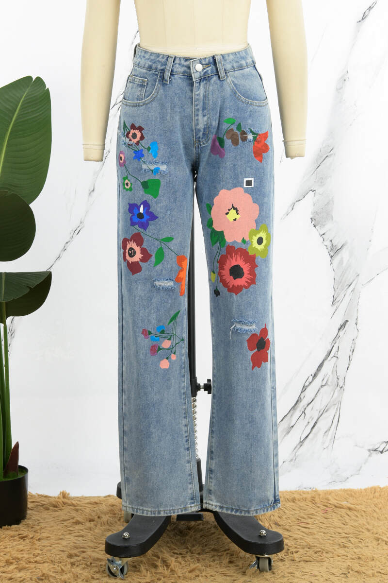 Blue Casual Print Basic High Waist Regular Denim Jeans