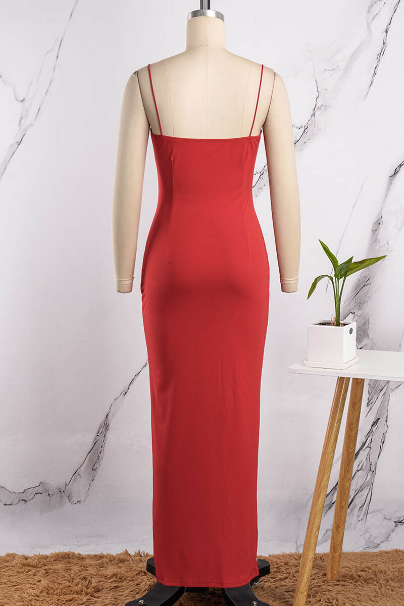 Red Sexy Casual Solid Backless Slit Spaghetti Strap Long Dress Dresses