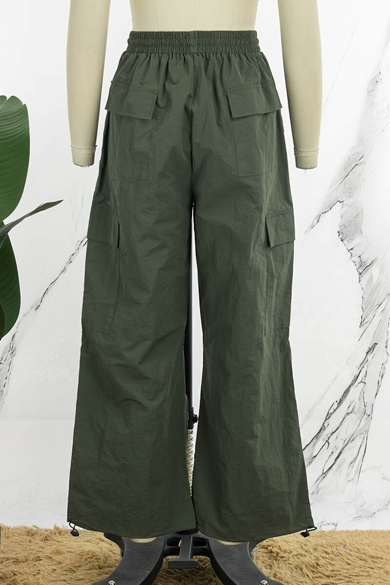 Khaki Street Solid Patchwork Draw String Pocket Straight Low Waist Straight Solid Color Bottoms