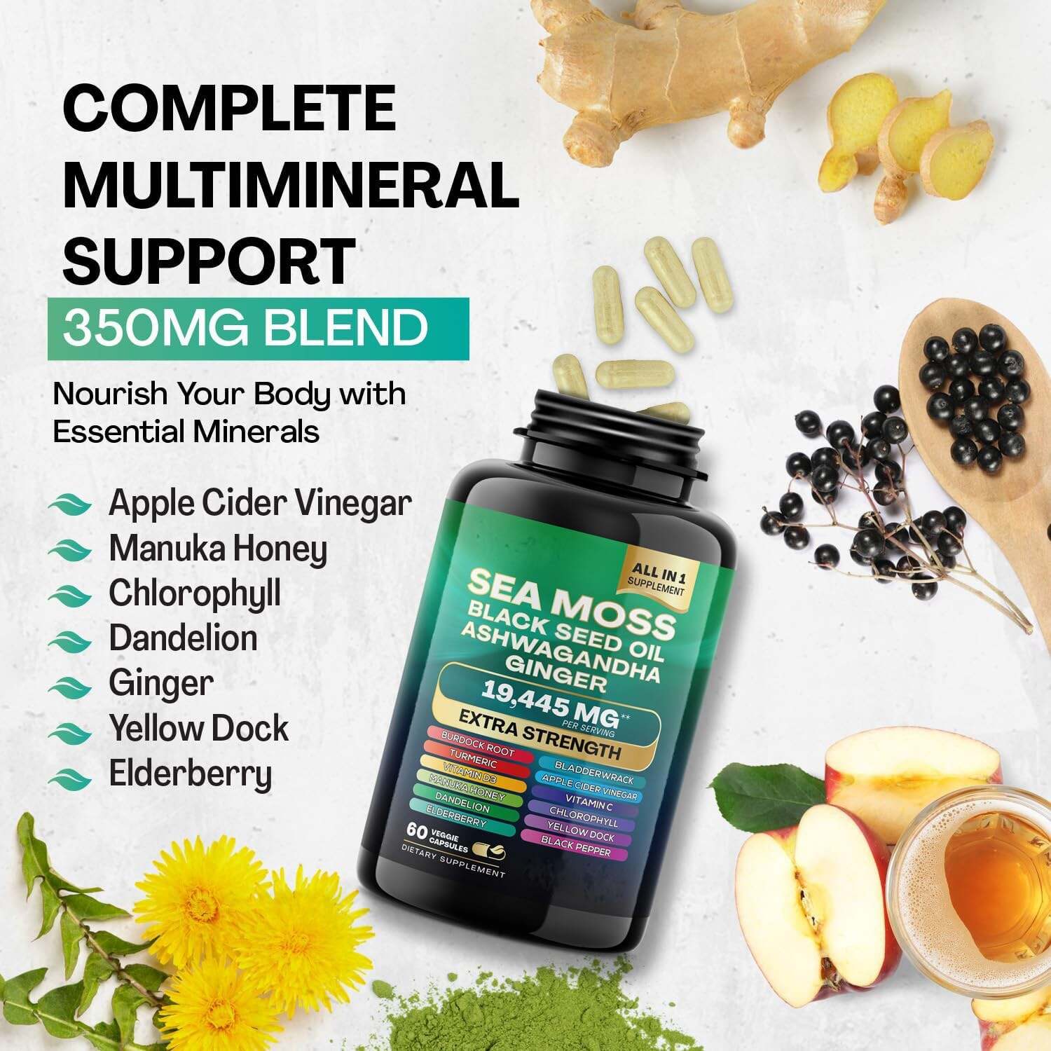 Sea Moss Capsules, All-in-One Irish Sea Moss Pills with Black Seed Oil, Turmeric, Ashwagandha, Burdock Root & Bladderwrack, Multimineral & Multivitamin Supplement, 19,445mg