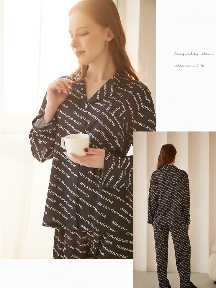 Elegant Ice Silk V Neck Loose Long Sleeve Pajama Set