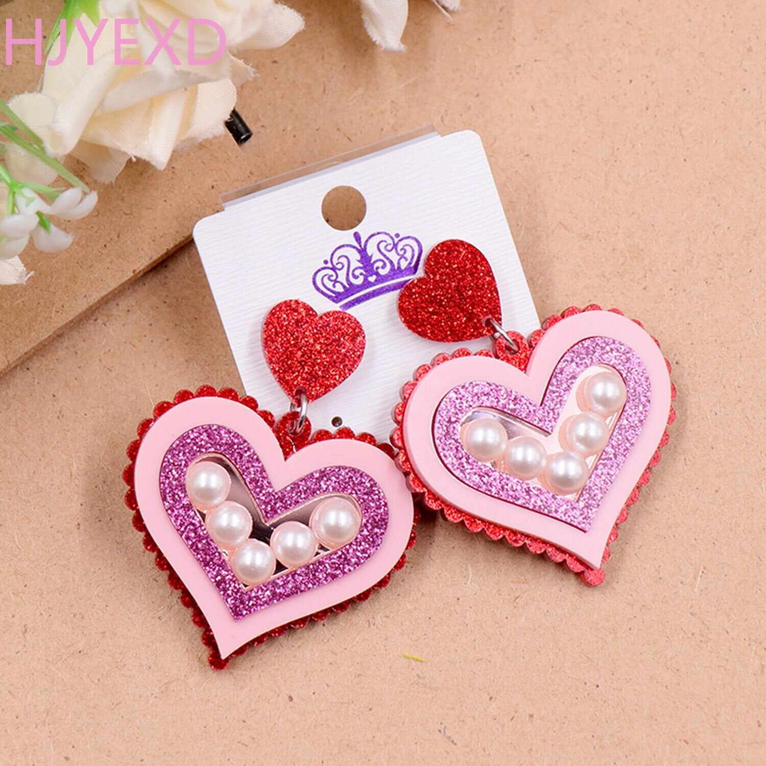 （1pair) Valentine Handmade Gift For Women Vintage Pearl Acrylic Heart Earrings Jewelry