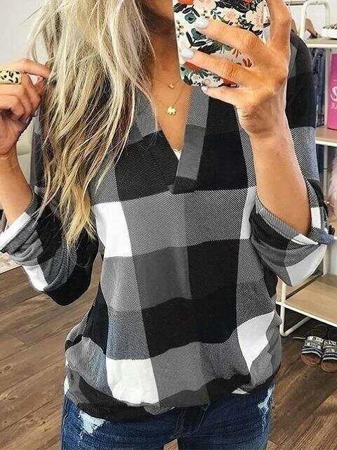 Long Sleeve Plaid Print V-neck Tops