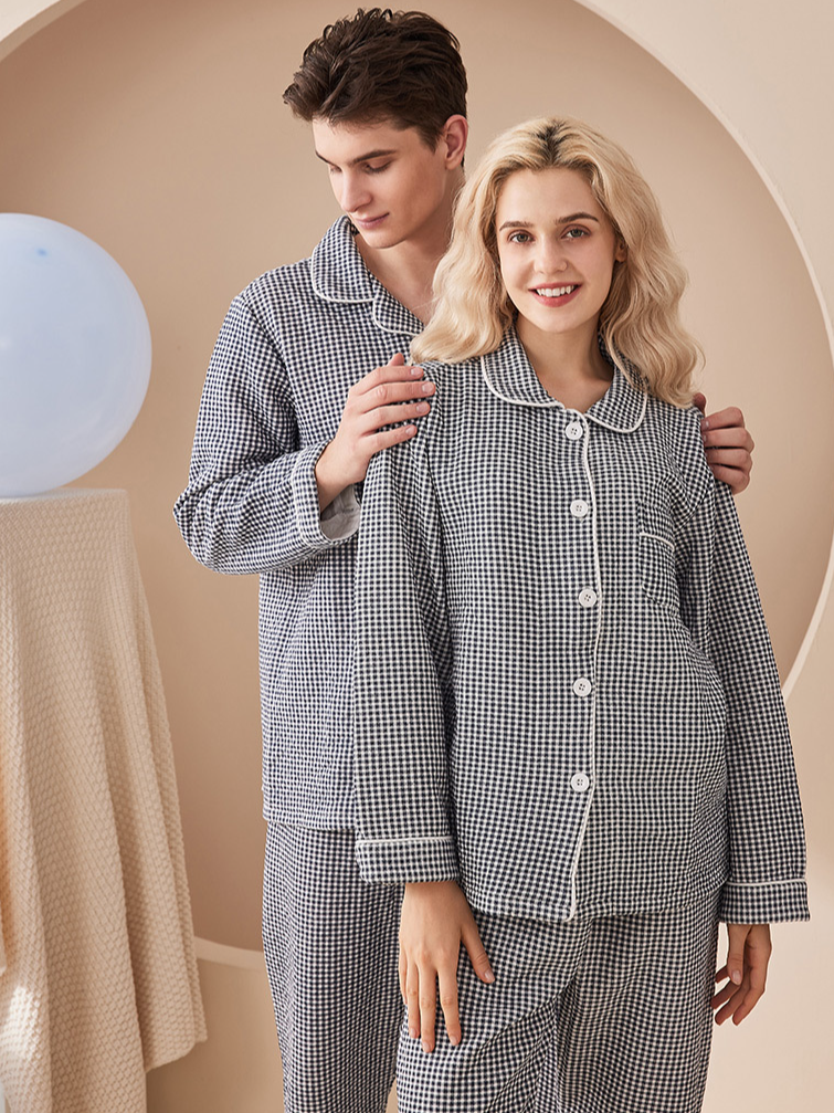 Casual Cotton Plaid Regular Fit Matching Couple Pajama Set