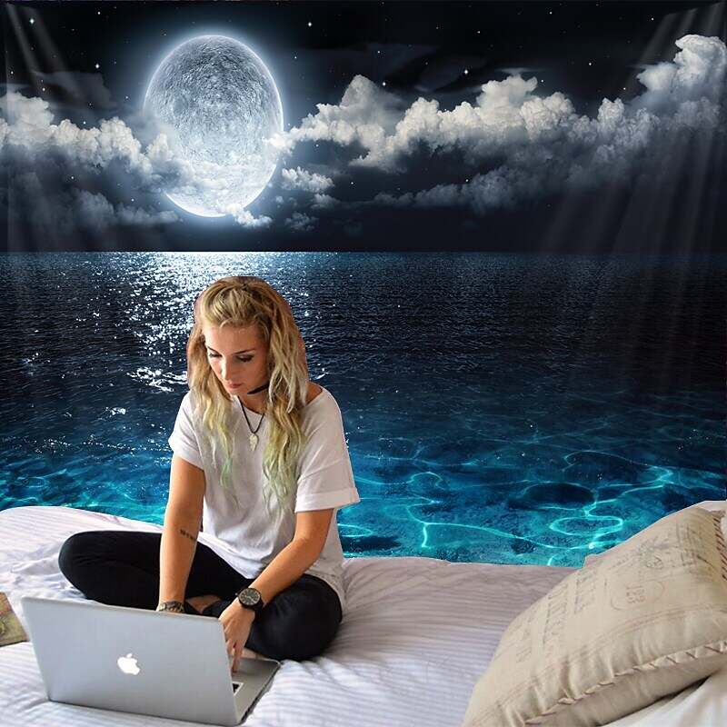 Moon Sea Sky Wall Tapestry Art Decor Landscape Full Night Ocean Cloud