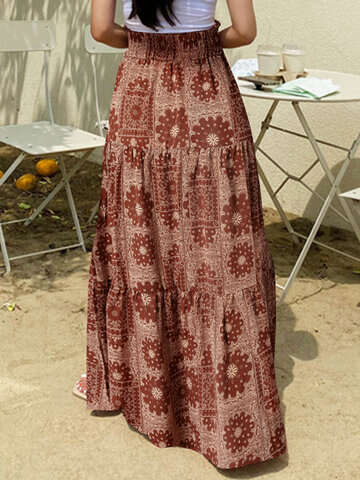 Women Skirts | Tribal Print Shirred Elastic Waist Bohemian Women Skirt - YJ77238