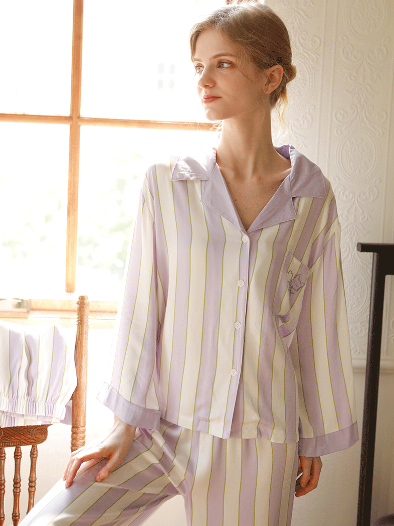 Simple Striped Shawl Collar Long Sleeve Pajama Set