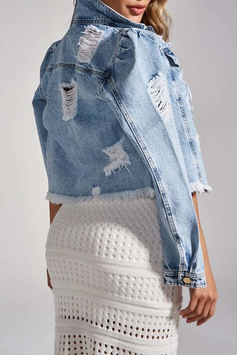 Blue Casual Solid Ripped Turndown Collar Long Sleeve Regular Denim Jacket