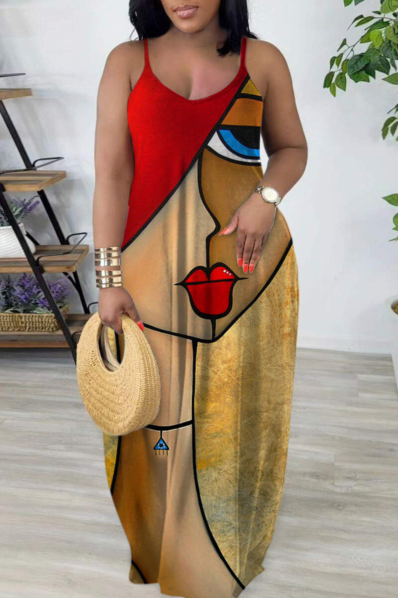 Red Sexy Casual Print Backless Spaghetti Strap Long Dress Dresses