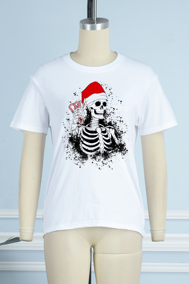 White Street Print Skull Patchwork O Neck T-Shirts