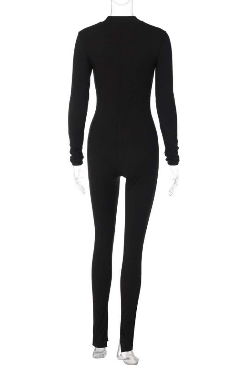 Black Sexy Casual Solid Hollowed Out Slit Zipper Collar Skinny Jumpsuits