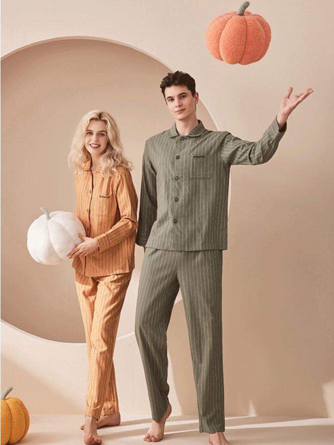 Simple Striped V Neck Regular Long Sleeve Cotton couple pajamas Set