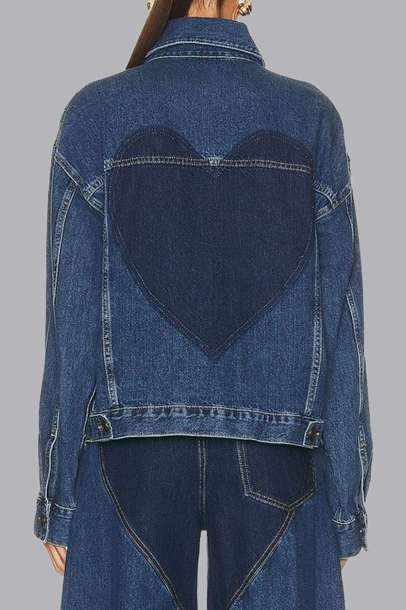 Blue Casual Color Lump Solid Hollowed Out Buttons Metal Accessories Decoration Turndown Collar Long Sleeve Regular Denim Jacket
