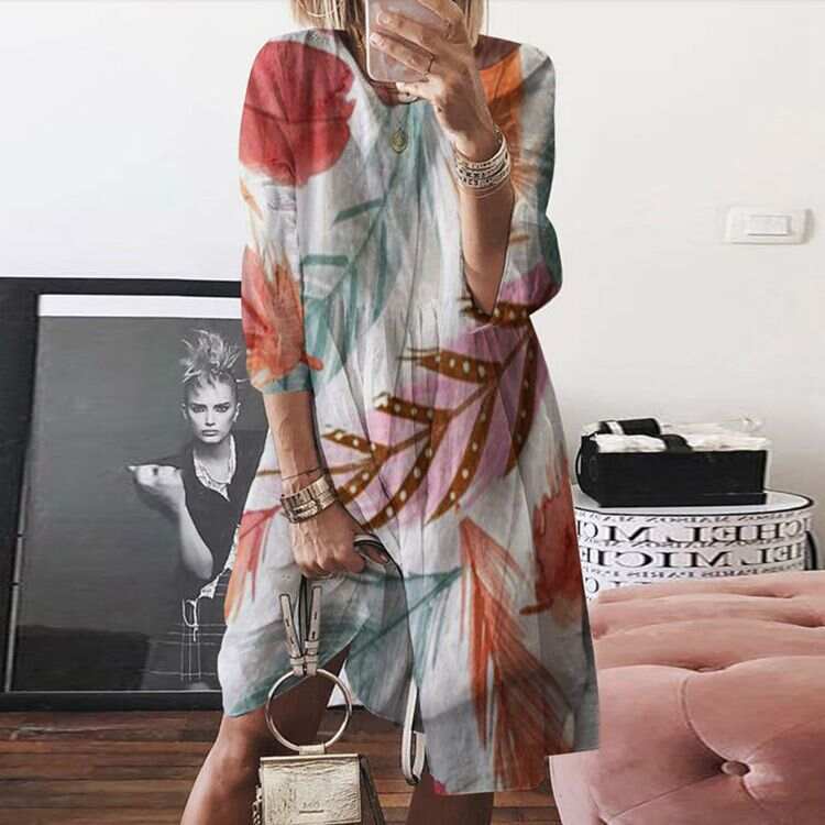 Plus Size Printed Round Neck Long Sleeve Dress