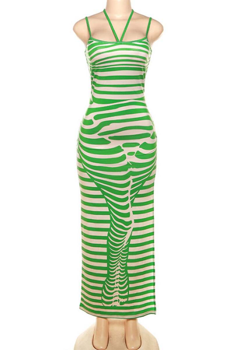 Green Sexy Print Backless Spaghetti Strap Long Dress Dresses