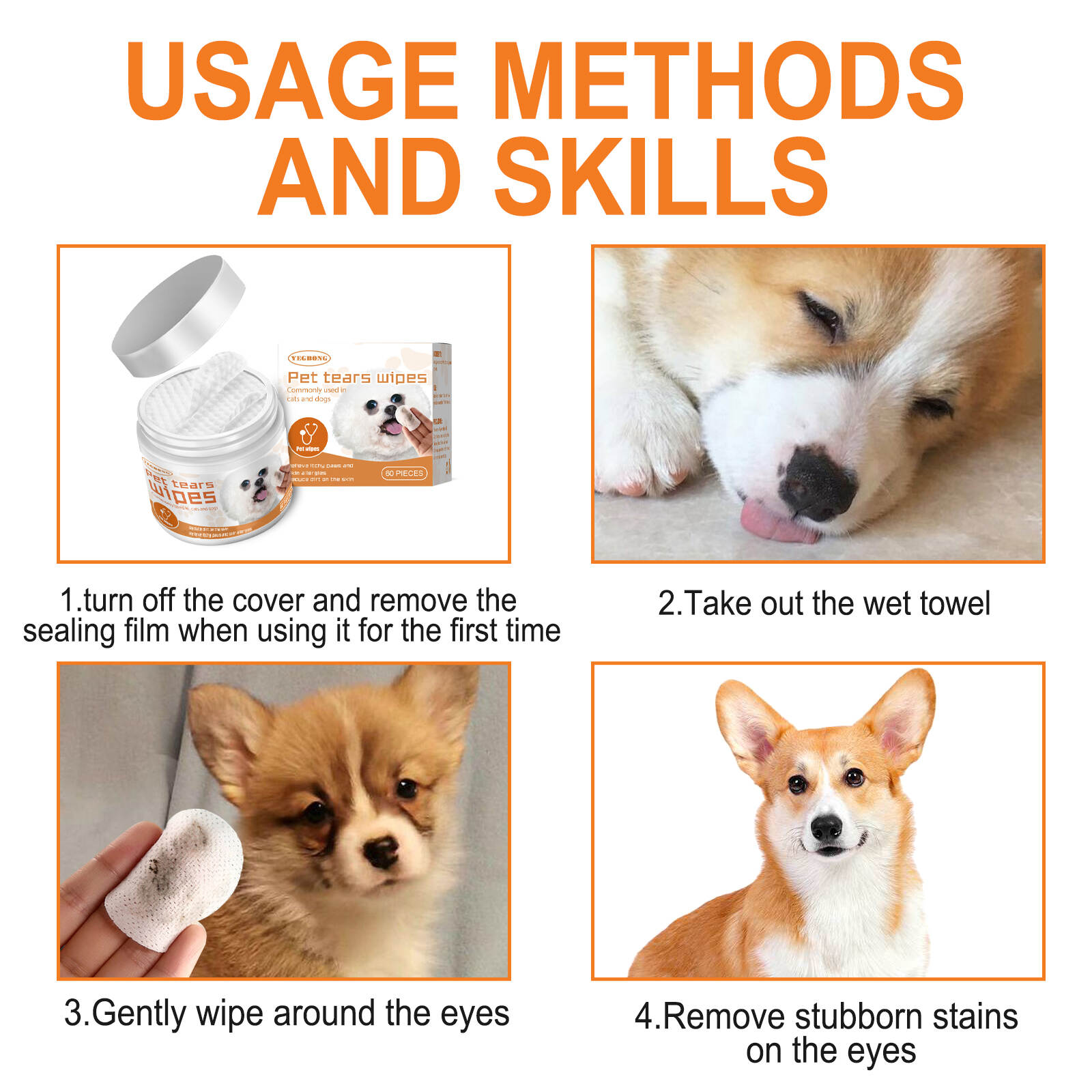 Pet wipes clean dogs and cats' tears, remove eye stains, clean the eyes with wet wipes, and remove eye dirt with cotton pads