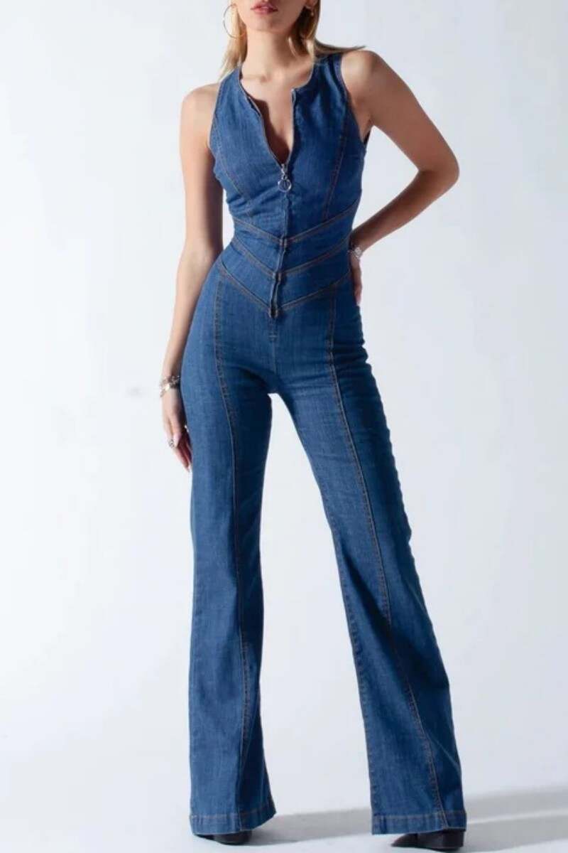 Blue Casual Solid Backless Zipper Collar Sleeveless Skinny Denim Jumpsuits