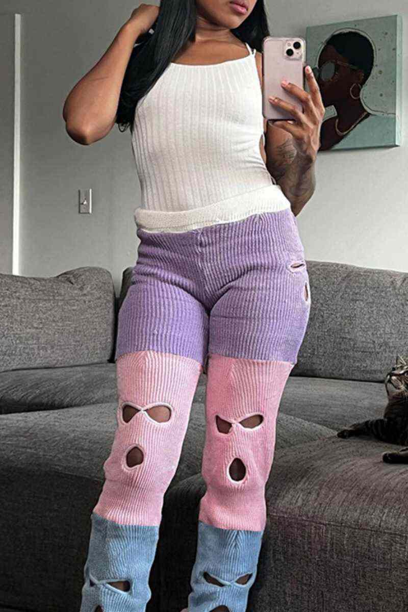 Purple Casual Patchwork Hollowed Out Contrast Regular High Waist Conventional Patchwork Trousers