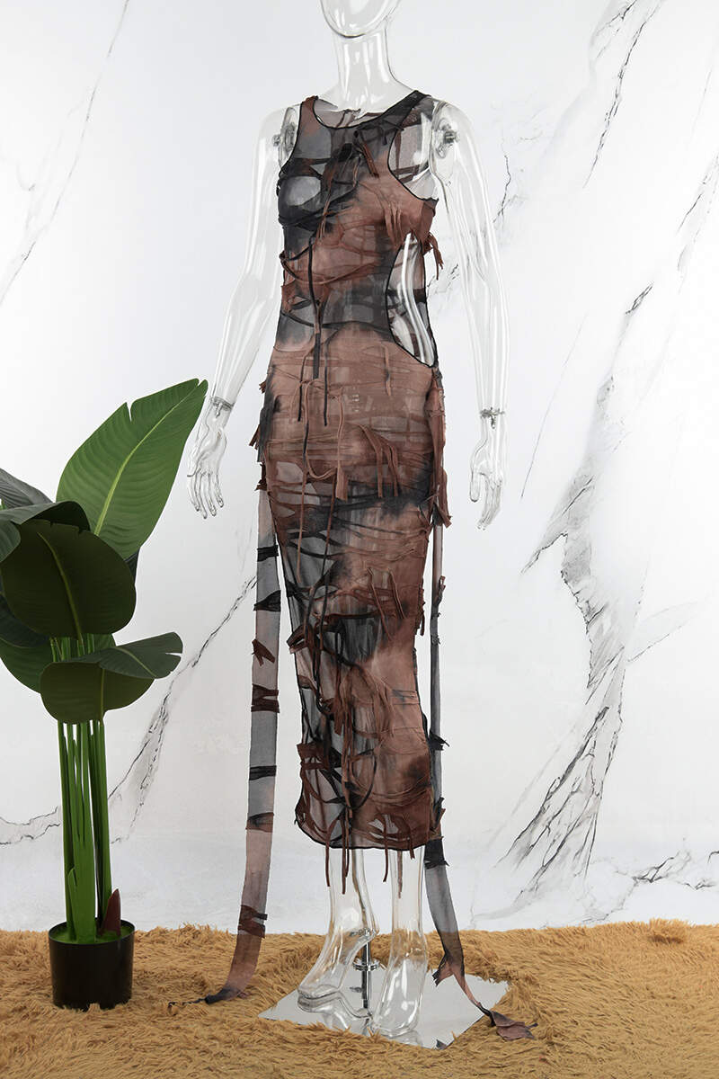 Brown Casual Print Tie Dye Hollowed Out Slit O Neck Sleeveless Dress Dresses