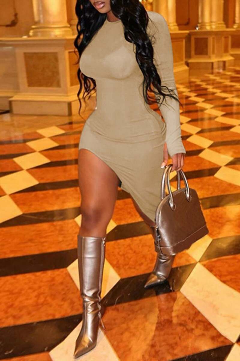 Khaki Casual Solid Slit Asymmetrical O Neck Long Sleeve Dresses