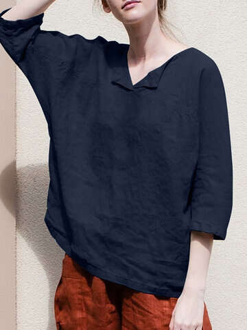 Women Blouses & Shirts | Solid 3/4 Sleeve Loose V-neck Casual Women Blouse - PI14885