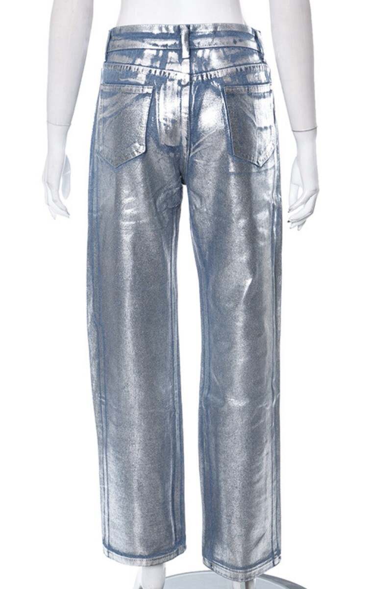 Silver Casual Bronzing Patchwork Mid Waist Straight Denim Jeans