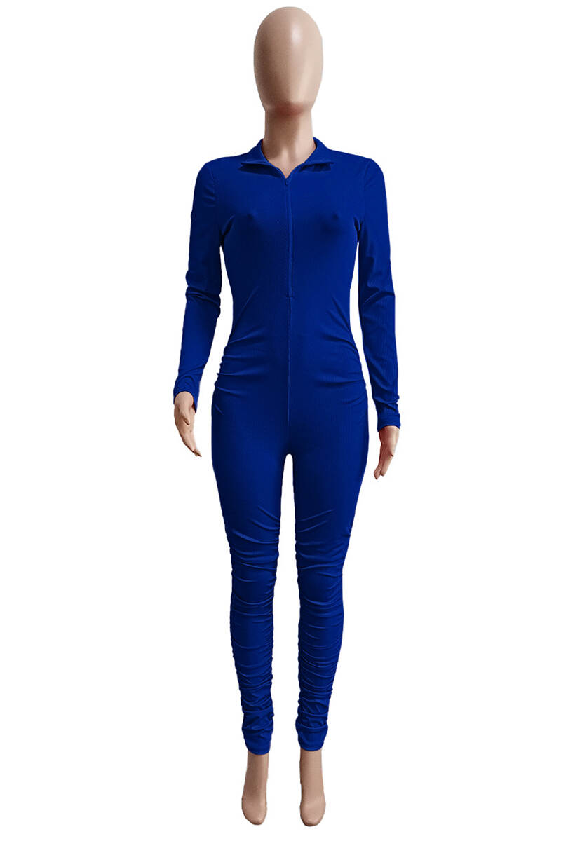 Royal Blue Casual Solid Fold Zipper Collar Skinny Jumpsuits