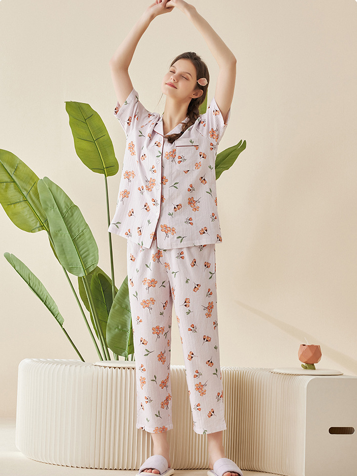 Regular Fit Simple V Neck Short Sleeve Pajama Set