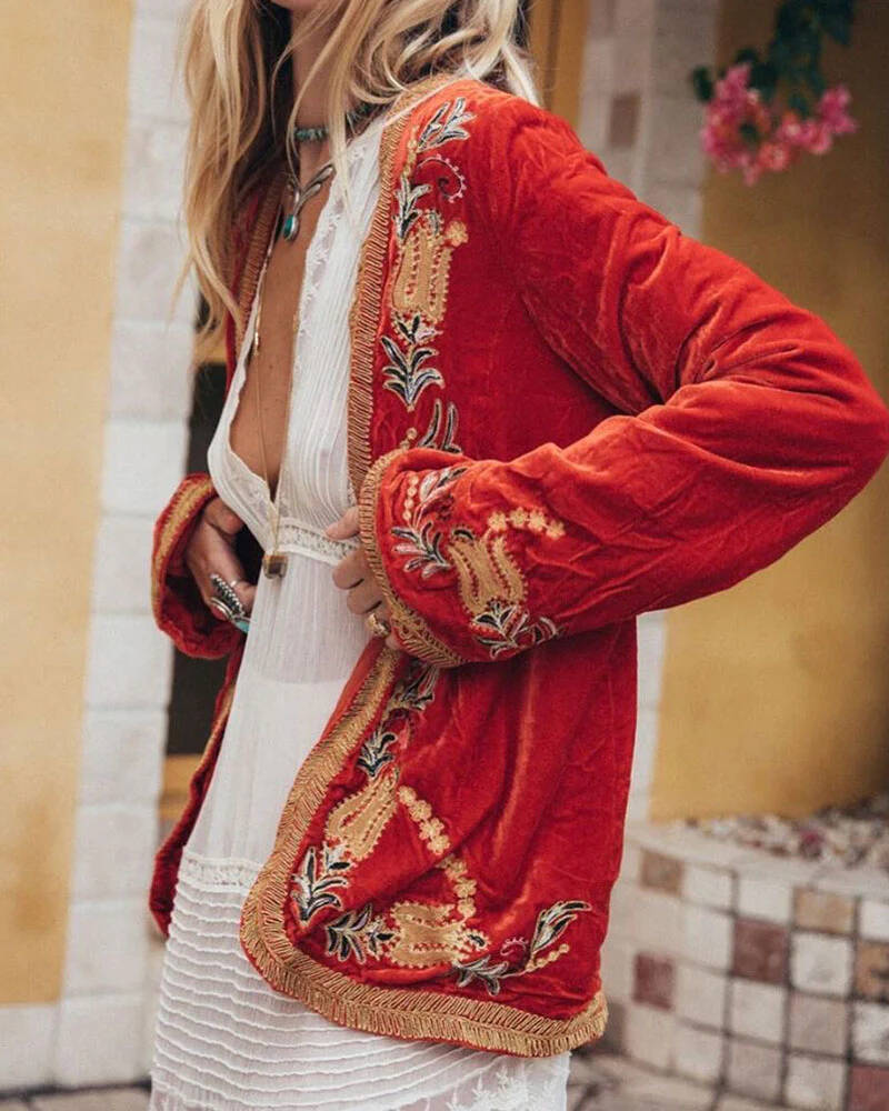 Casual Velvet Embroidery Women Cardigan