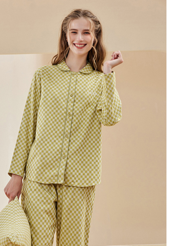 Cotton Shawl Collar Simple Regular LongSleeve Loose Couple Pajama Set