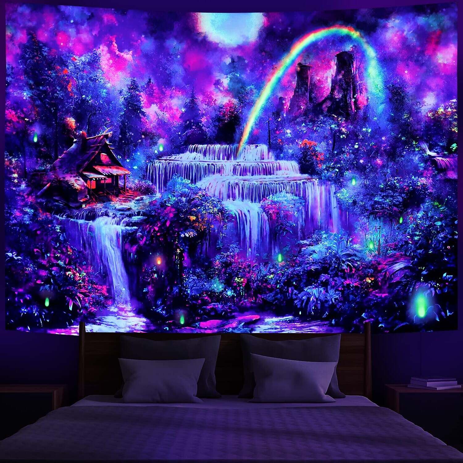 Blacklight Tapestry UV Reactive Trippy Wonderland Misty Forest Nature Landscape