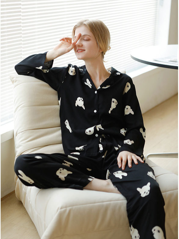 Animal Shawl Collar Simple Regular Fit Long Sleeve Pajama Set