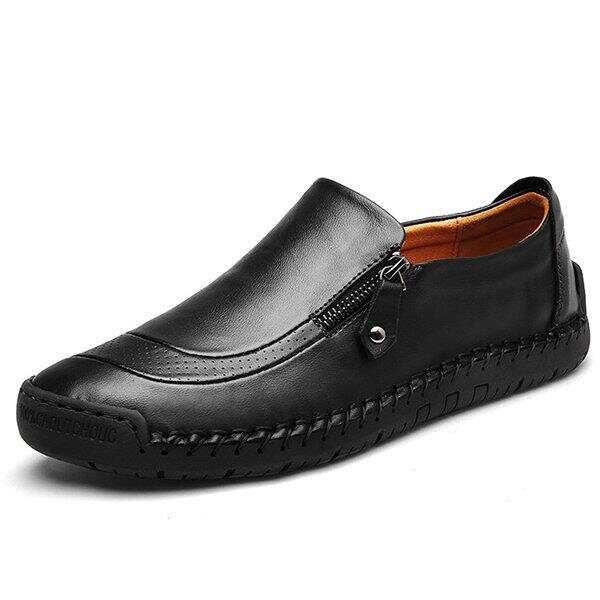 Men Hand Stitching Zipper Slip-ons Leather Shoes