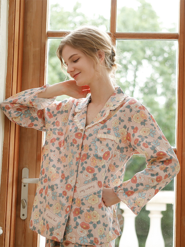 Casual Floral Regular Fit Cotton Simple Long Sleeve Pajama Set