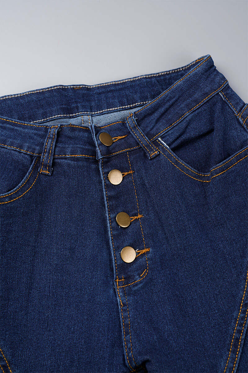 Dark Blue Casual Solid Patchwork Buttons High Waist Skinny Denim Jeans