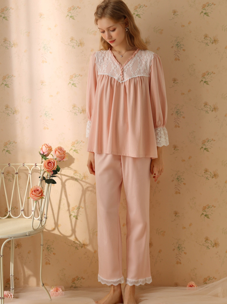 Lace Cotton V Neck Casual  Long Sleeve Pajama Set