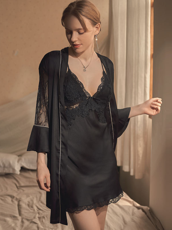 Elegant V Neck Regular Fit Plain Nightdress and Robe Two-piece Set