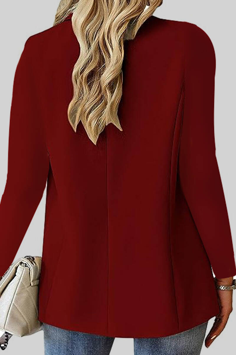 Burgundy Casual Solid Cardigan Turn-back Collar Outerwear