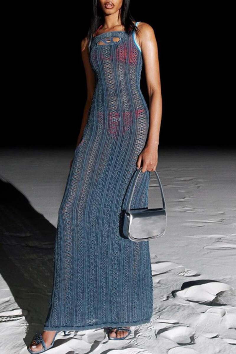 Blue Sexy Patchwork Hollowed Out Backless Spaghetti Strap Long Dress Dresses