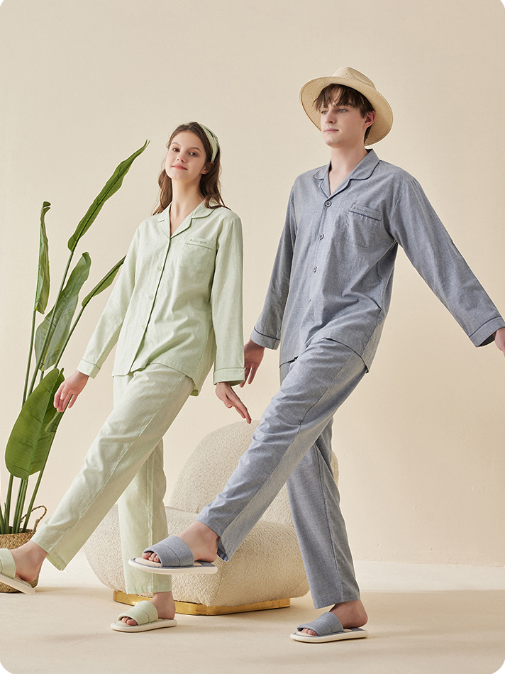 Plain V Neck Simple Cotton Long Sleeve Couple Pajama Set