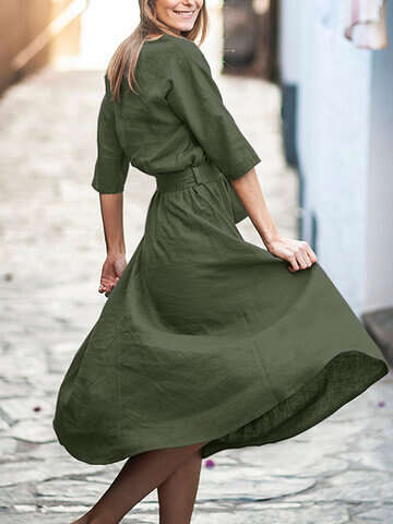 Women Vintage Dresses | Solid Pocket Crew Neck Half Sleeve Dress With Belt - XF29598