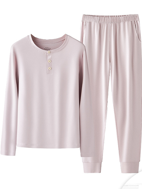 Simple Regular Fit Plain Long Sleeve Pajama Set