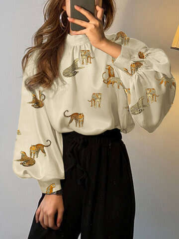 Women Blouses & Shirts | Leopard Graphic Stand Collar Long Sleeve Elegant Blouse - UP20603