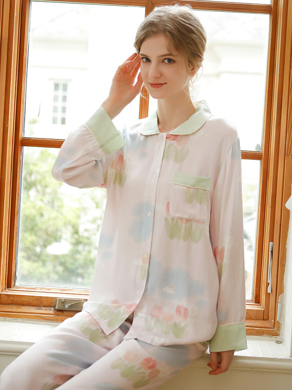 Simple Floral Loose Shawl Collar Long Sleeve Pajama Set