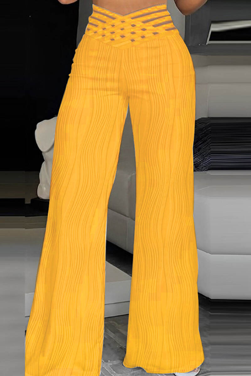 Yellow Casual Solid Patchwork Regular High Waist Conventional Solid Color Trousers