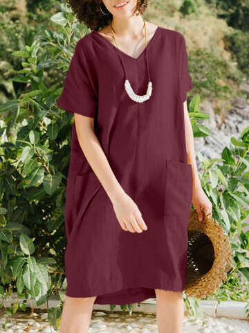 Women Casual Dresses | Solid Short Sleeve Pocket V-neck Dress For Women - JY54848