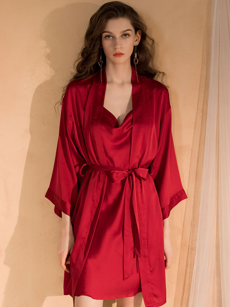 Regular Fit V Neck Plain Edgy Nightdress and Robe Two-piece Set