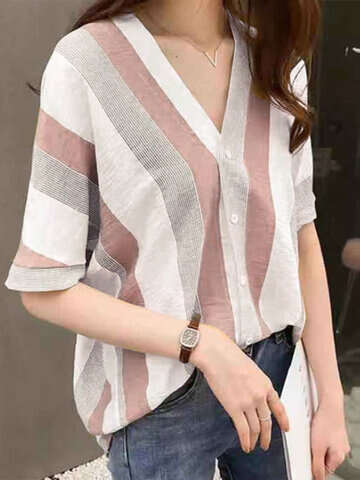 Women Blouses & Shirts | Stripe Print Button Loose V-neck Half Sleeve Blouse - DE62361