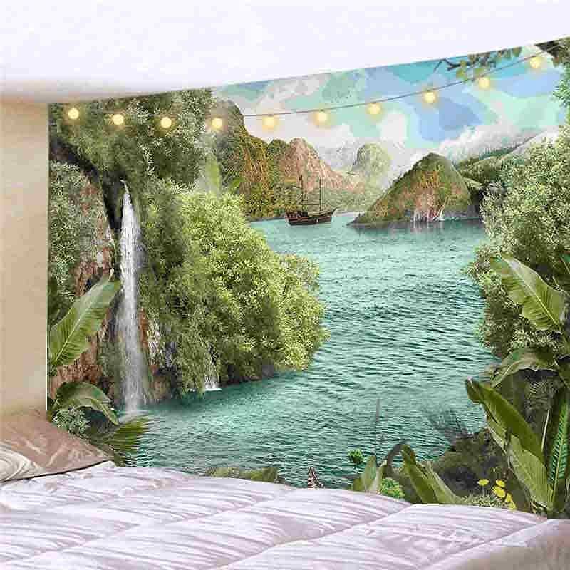 Landscape LED Lights Wall Tapestry Art Decor Forest River Tree Print