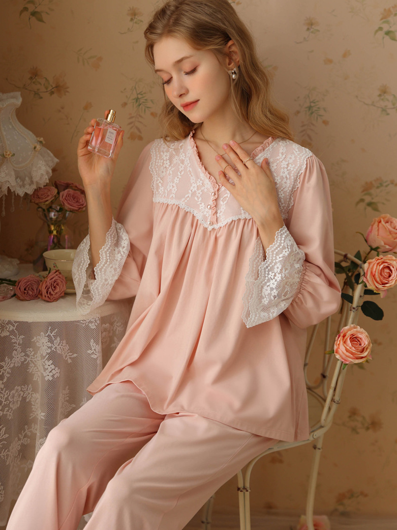 Lace Cotton V Neck Casual  Long Sleeve Pajama Set